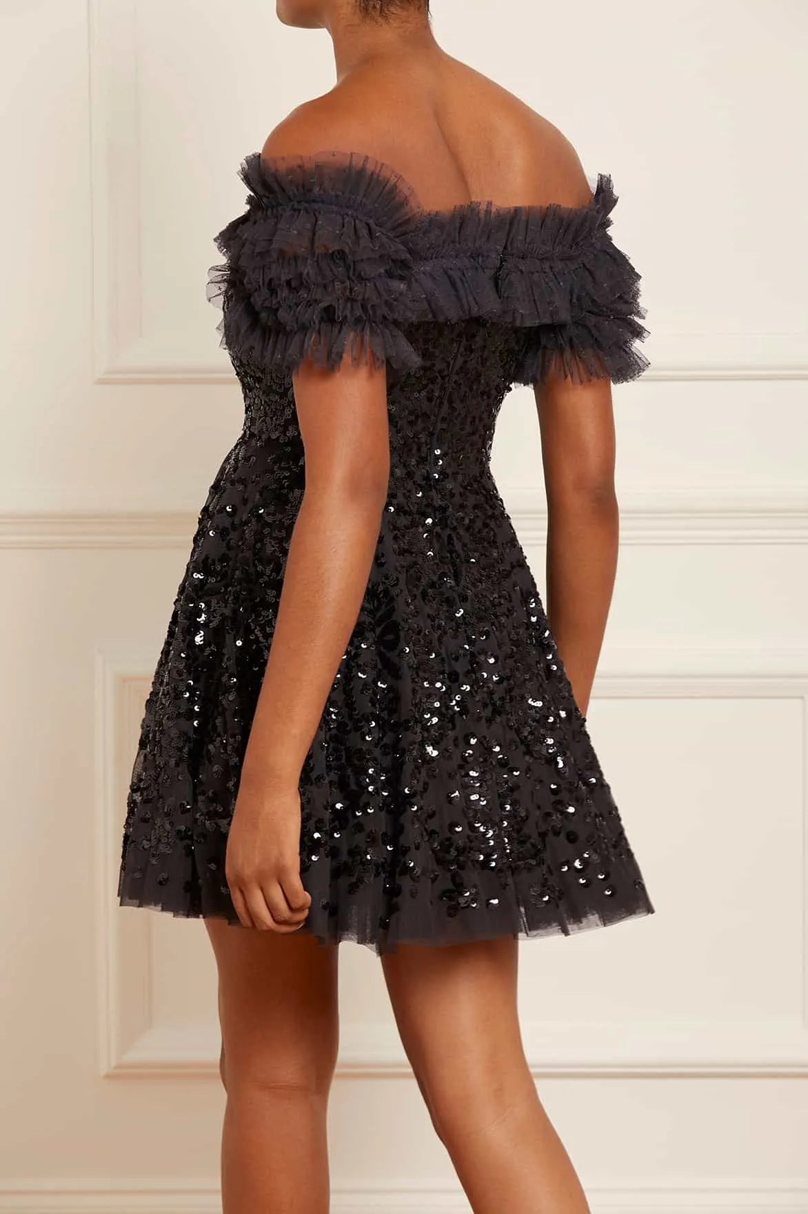 Sequin Wreath Off-Shoulder Micro Mini Dress