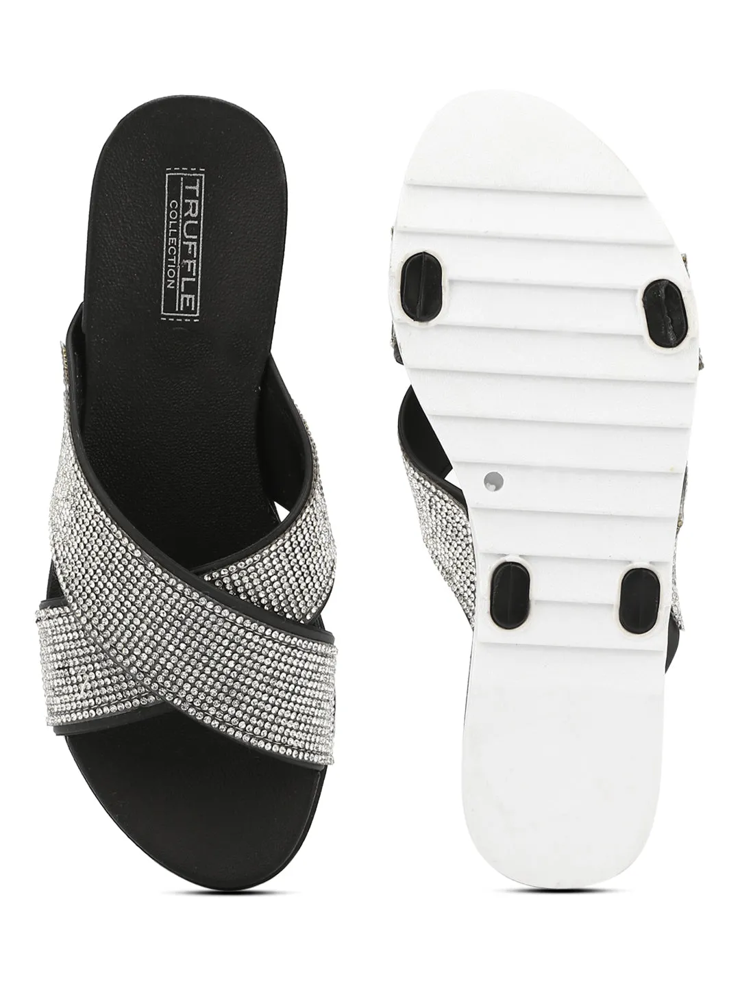 Silver Black Diamante Crossover Slip-On Flats