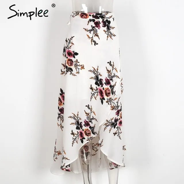 Simplee Vintage floral print long skirts women Summer elegant beach maxi skirt Boho high waist asymmetrical skirt