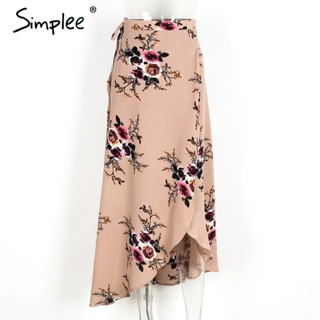 Simplee Vintage floral print long skirts women Summer elegant beach maxi skirt Boho high waist asymmetrical skirt