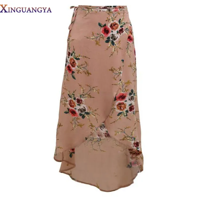 skirts womens  New 2017 Irregular Long Skirt Women Vintage White Floral Print Side Slit Wrap Maxi Skirt Boho Summer Beach Skirts