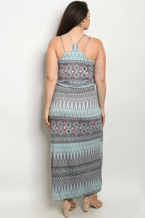 Sky Blue Abstract Print Plus Size Maxi Dress