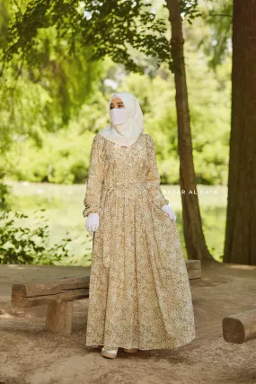 Surayya Almond Chiffon Abaya Dress With Floral Print - Ruffled Design