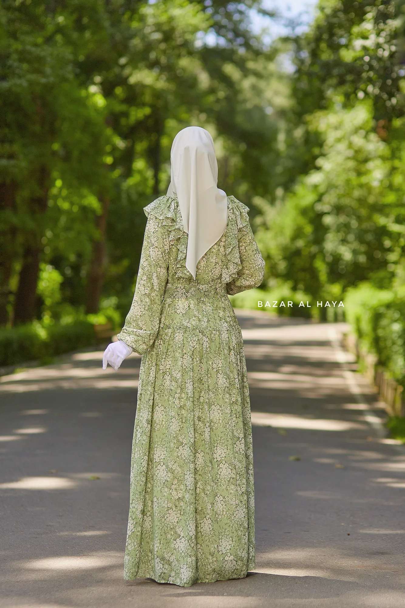 Surayya Kiwi Chiffon Abaya Dress With Floral Print - Ruffled Design