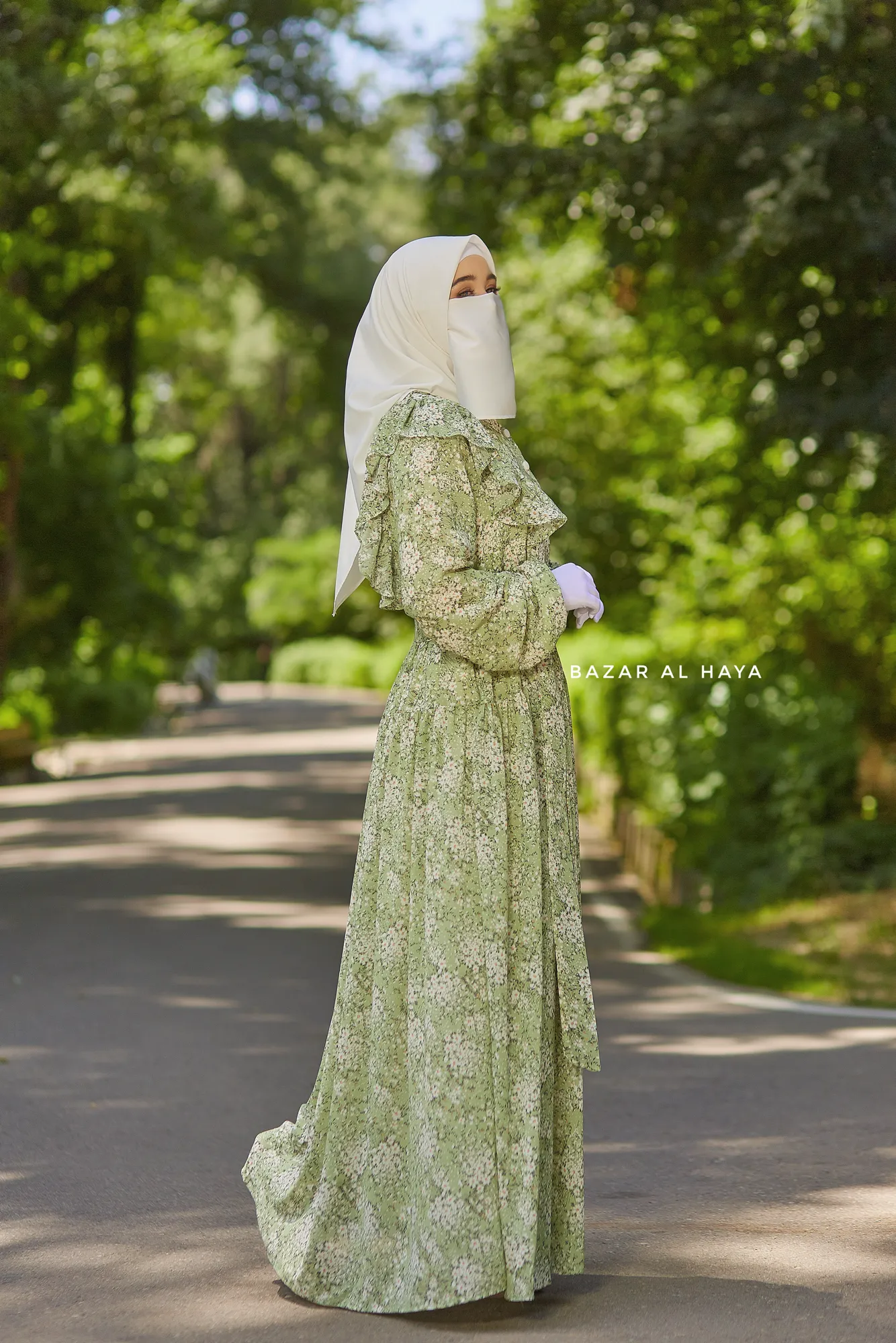 Surayya Kiwi Chiffon Abaya Dress With Floral Print - Ruffled Design