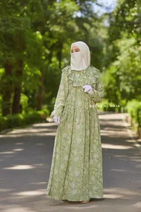 Surayya Kiwi Chiffon Abaya Dress With Floral Print - Ruffled Design