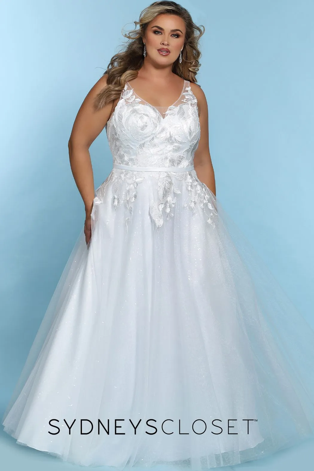 Sydney's Closet SC5243 V neckline A line wedding dress plus sized sequin tulle SC 5243 Celine