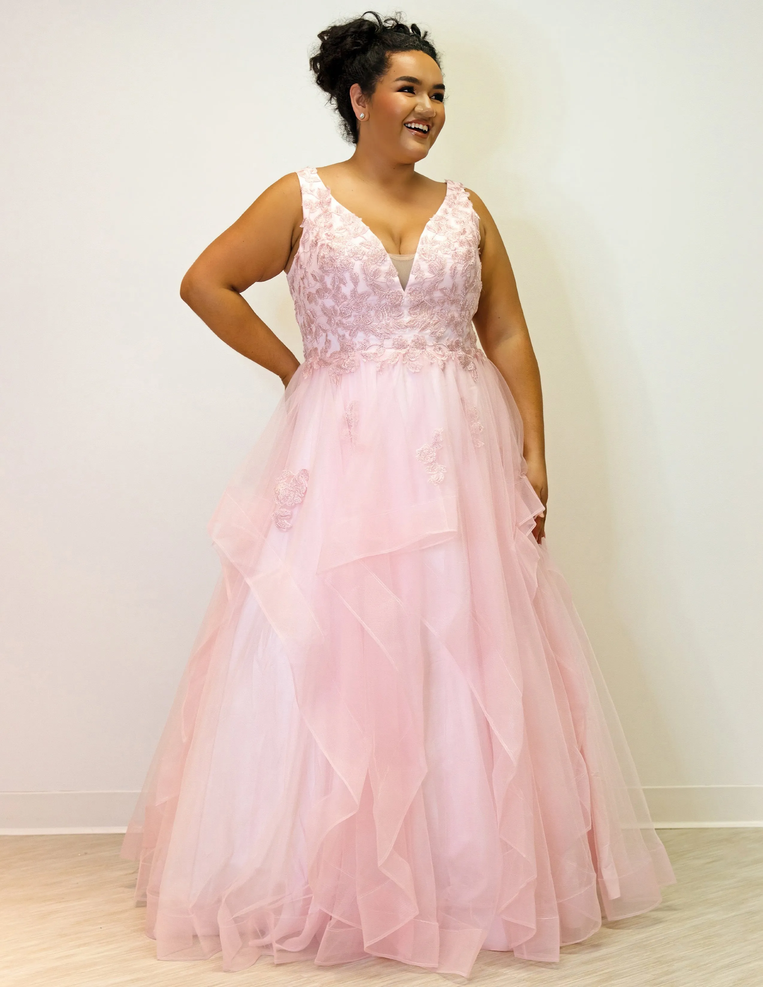 Sydney's Closet SC7347 Floral Lace Bodice Prom Dress Layered Tulle Ballgown Skirt