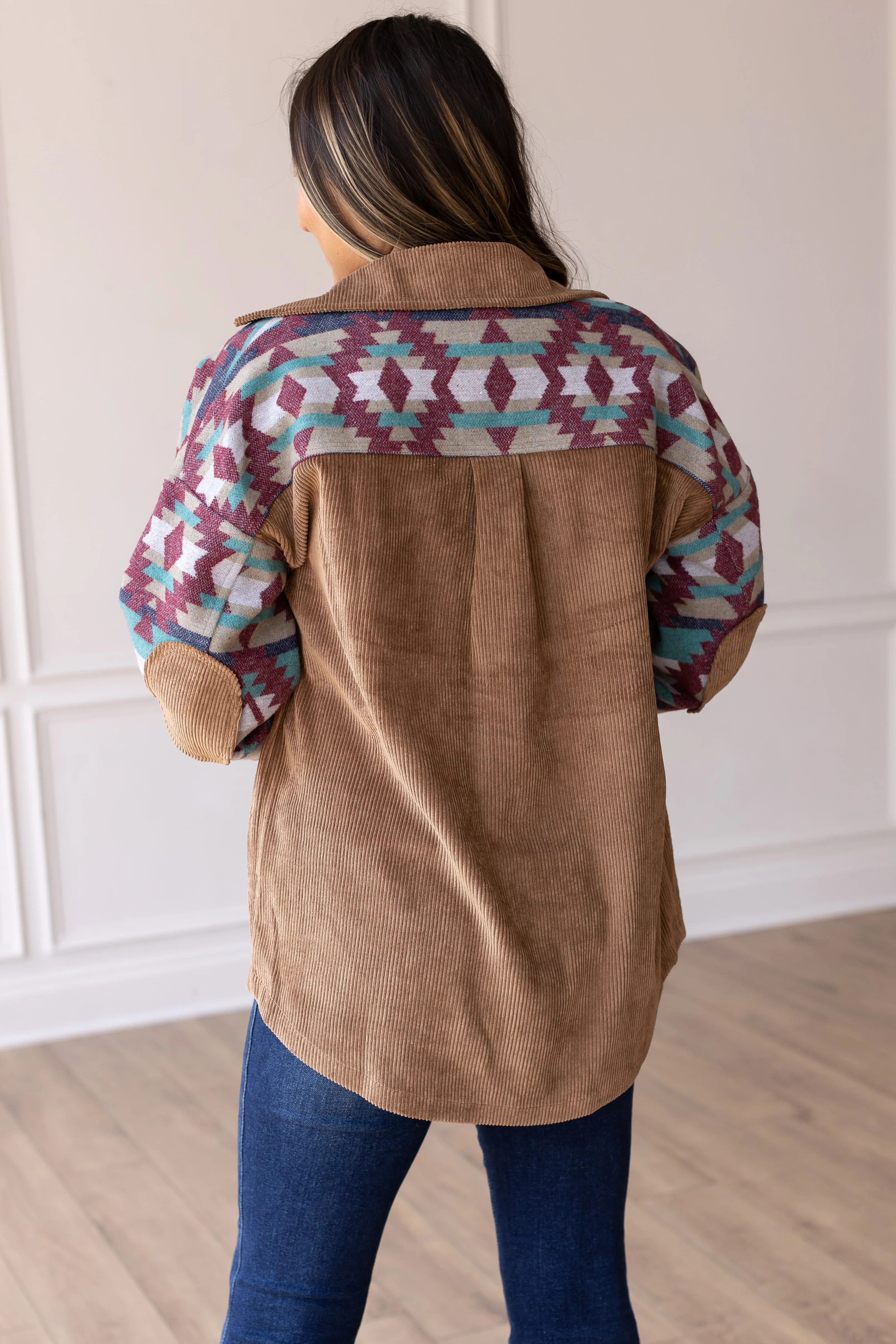 Tan Corduroy Shacket with Aztec Details