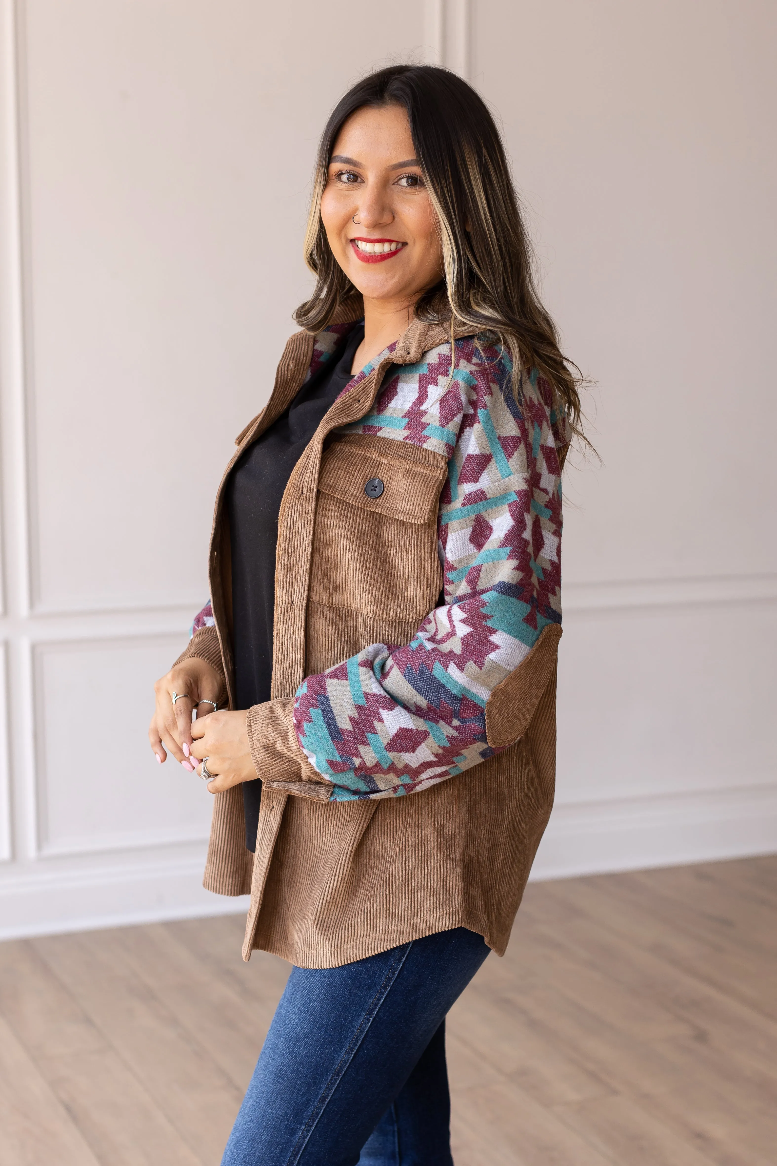 Tan Corduroy Shacket with Aztec Details