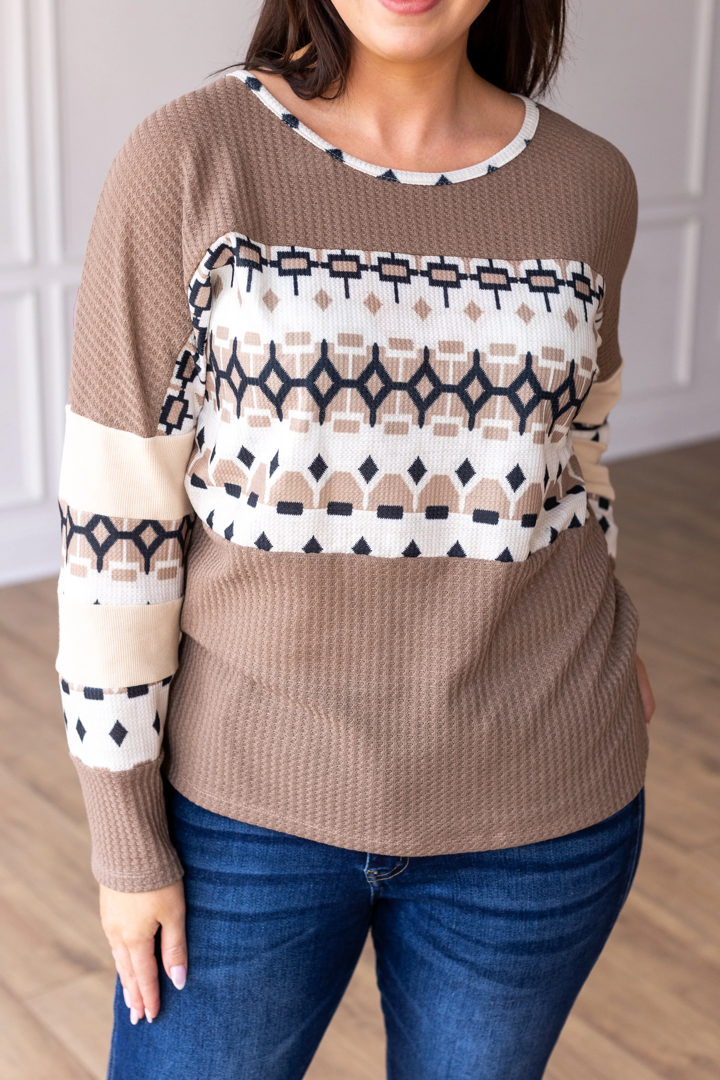 Tan Waffle Knit With Aztec Details