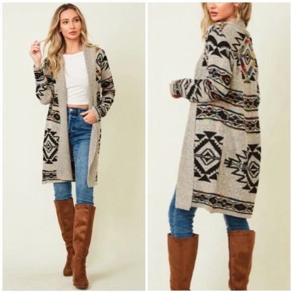 Taupe Rainbow Multi Colored Aztec Tribal Jacquard Open Knit Cardigan Sweater