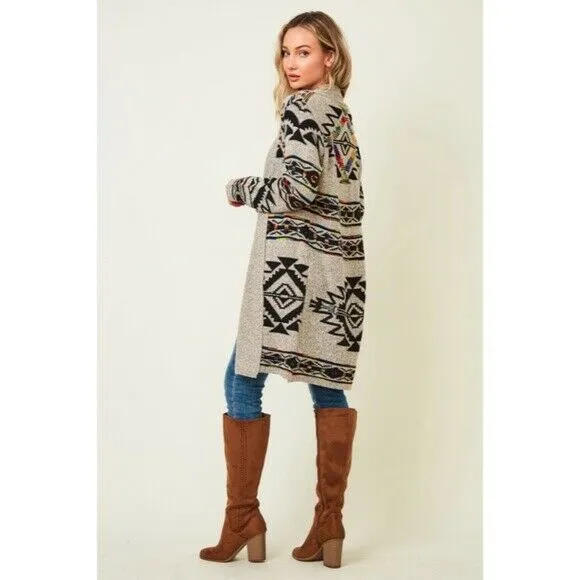 Taupe Rainbow Multi Colored Aztec Tribal Jacquard Open Knit Cardigan Sweater