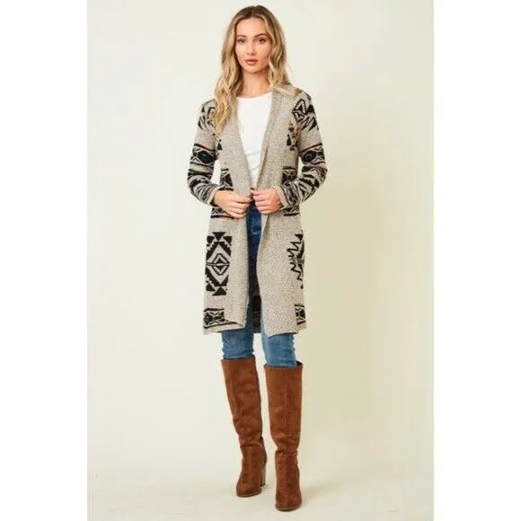 Taupe Rainbow Multi Colored Aztec Tribal Jacquard Open Knit Cardigan Sweater