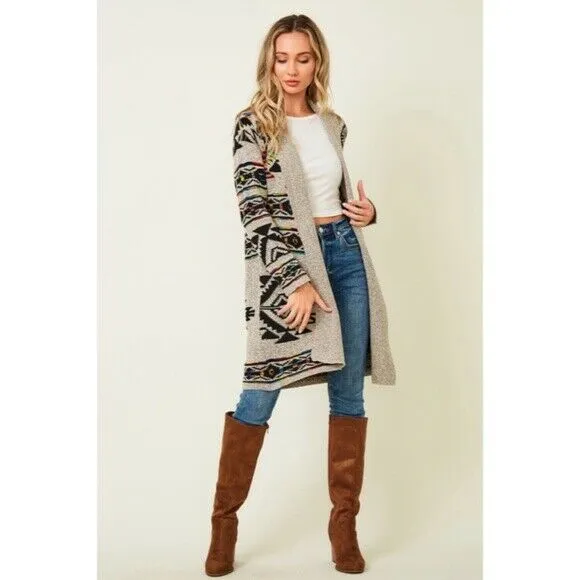 Taupe Rainbow Multi Colored Aztec Tribal Jacquard Open Knit Cardigan Sweater