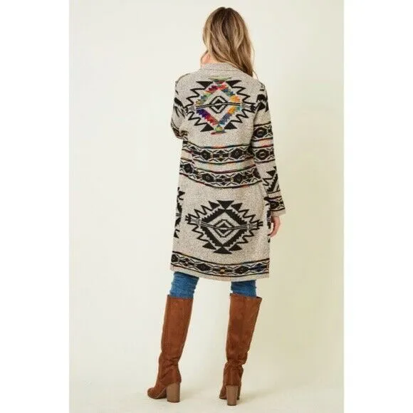 Taupe Rainbow Multi Colored Aztec Tribal Jacquard Open Knit Cardigan Sweater