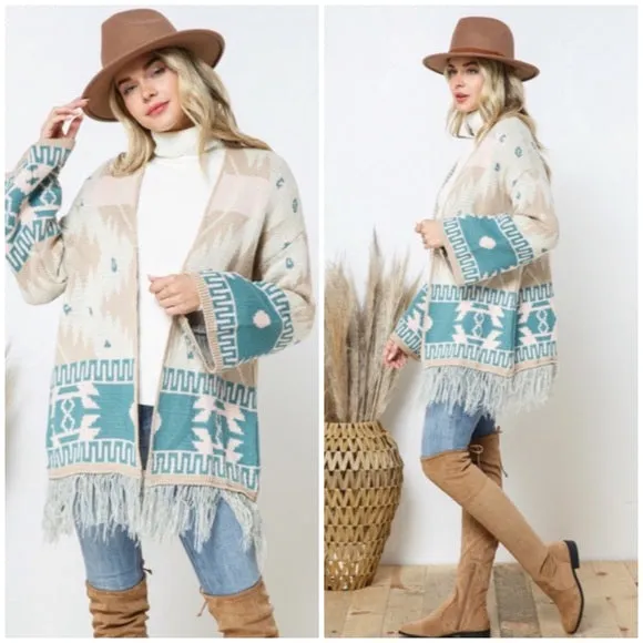 Taupe Teal Bell Sleeve Aztec Western Tribal Fringe Knit Boho Cardigan Sweater