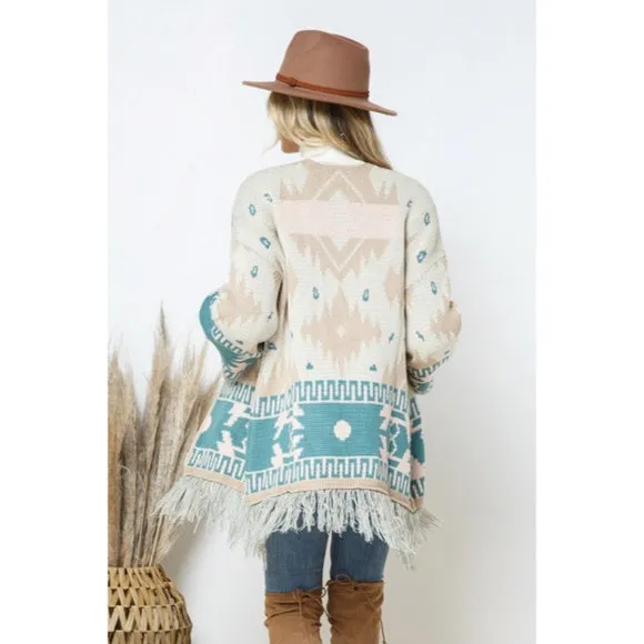 Taupe Teal Bell Sleeve Aztec Western Tribal Fringe Knit Boho Cardigan Sweater