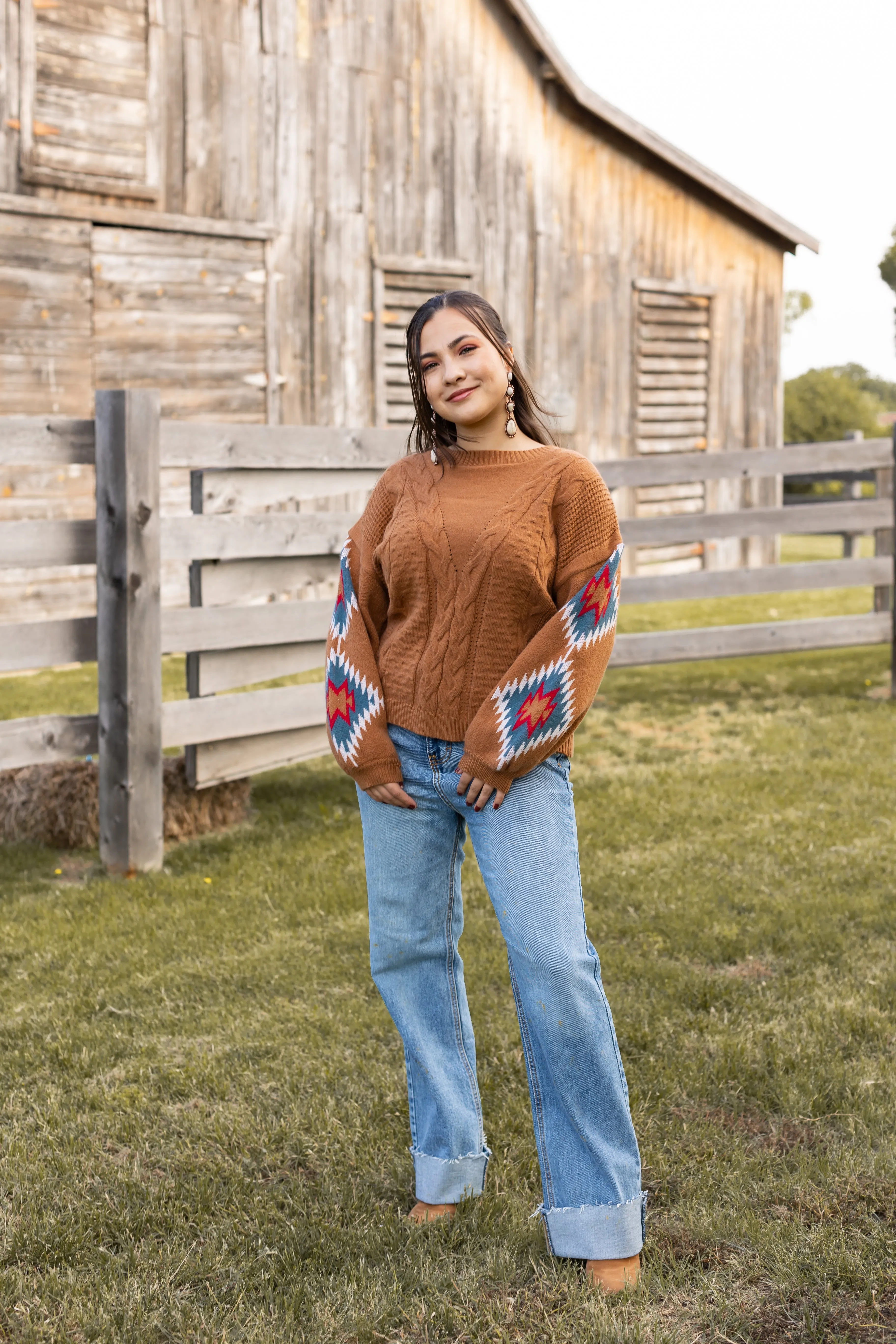 Terracotta Horizon Aztec Sleeve Sweater