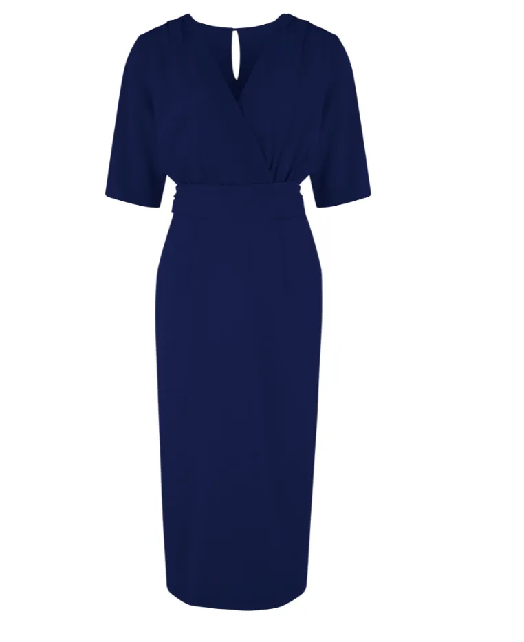 The “Evelyn" Wiggle Dress in Navy by Rock n Romance, True Late 40s Early 50s Vintage Style