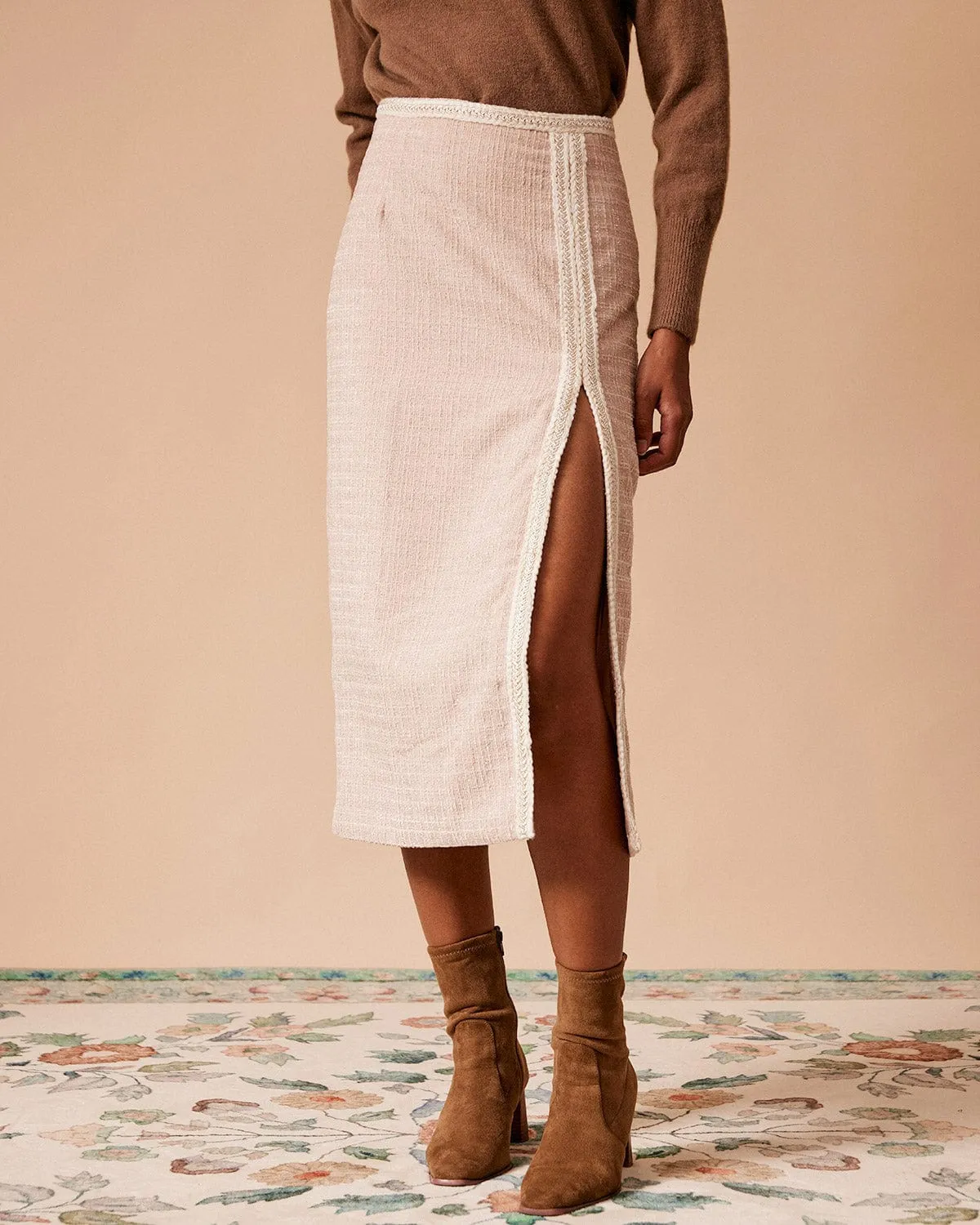 The High Waisted Side Slit Tweed Skirt