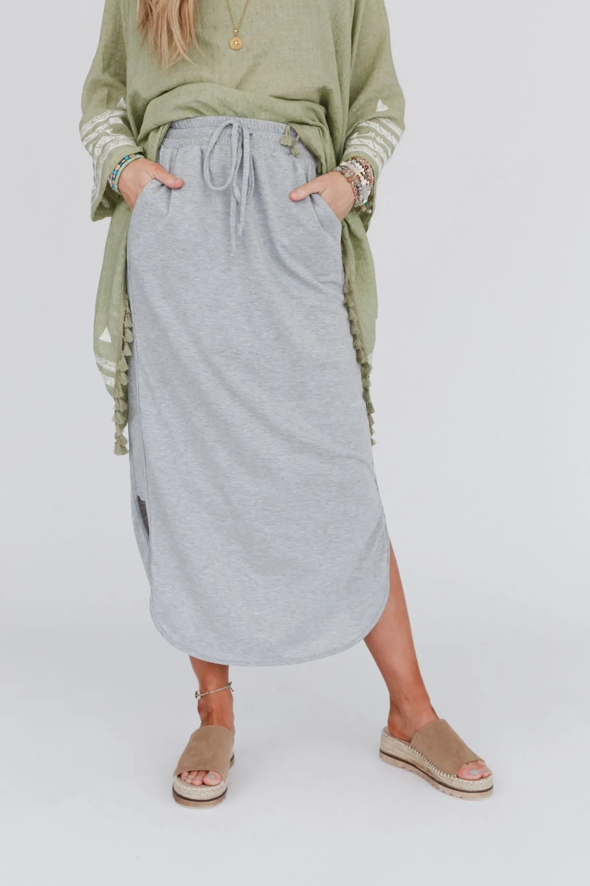 The Nest So Comfy Drawstring Maxi Skirt - Heather Gray