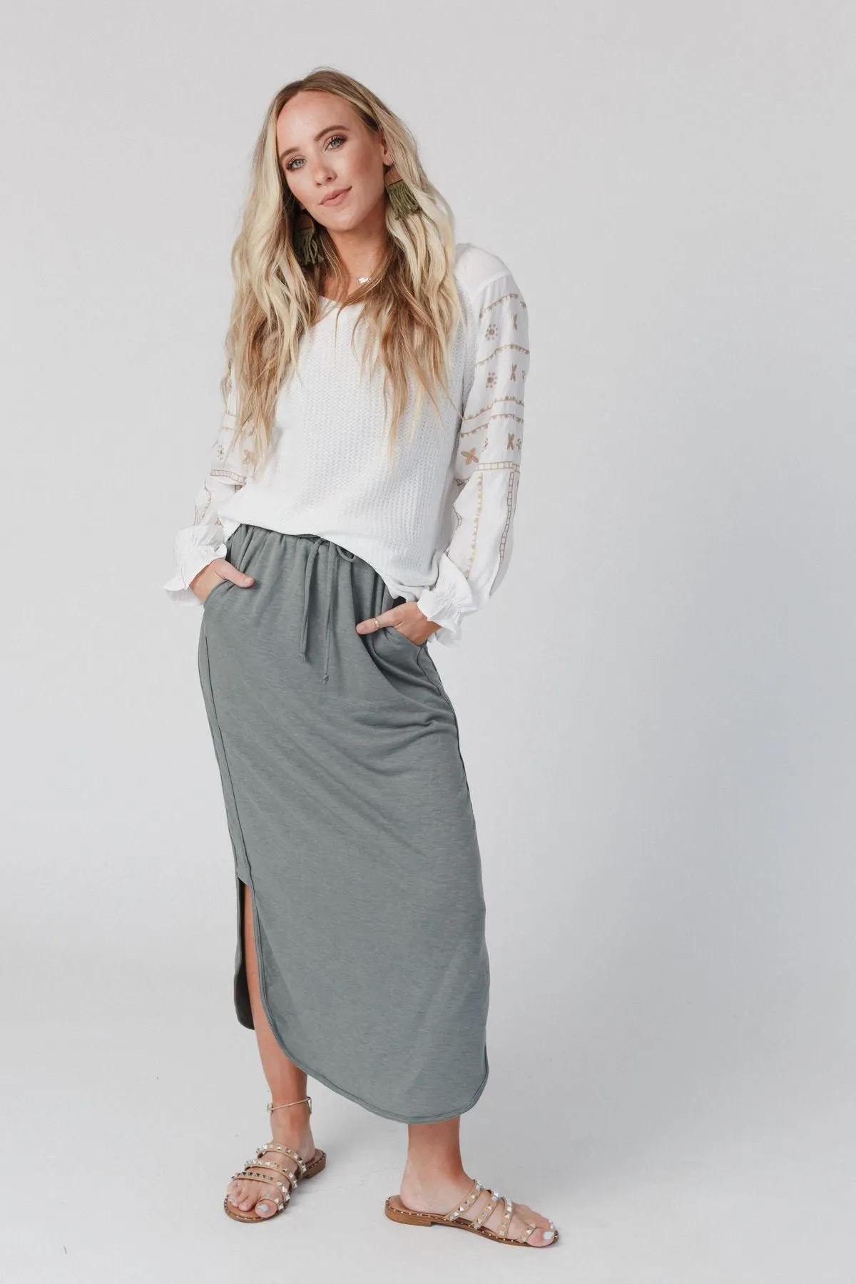 The Nest So Comfy Drawstring Maxi Skirt - Light Olive