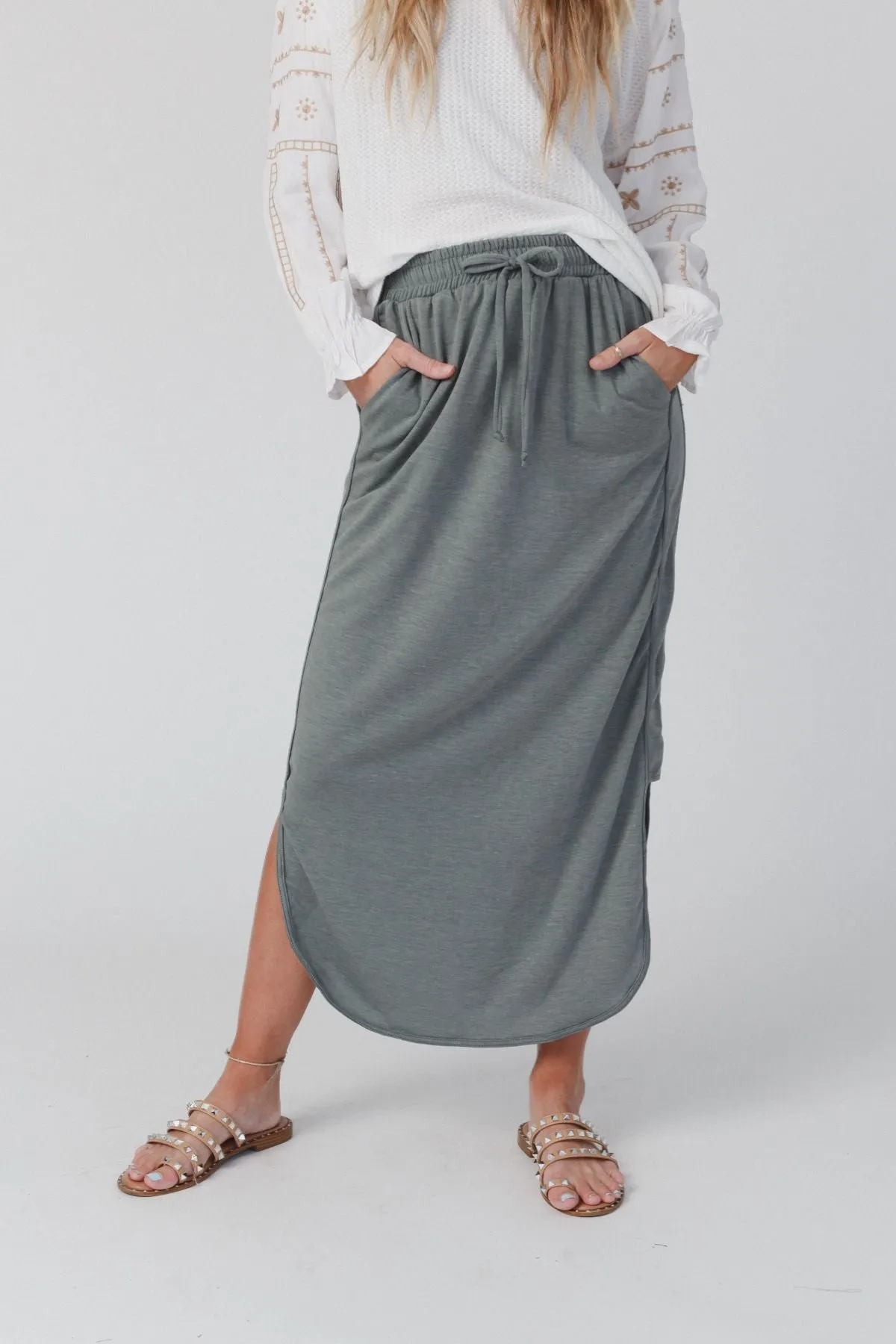 The Nest So Comfy Drawstring Maxi Skirt - Light Olive