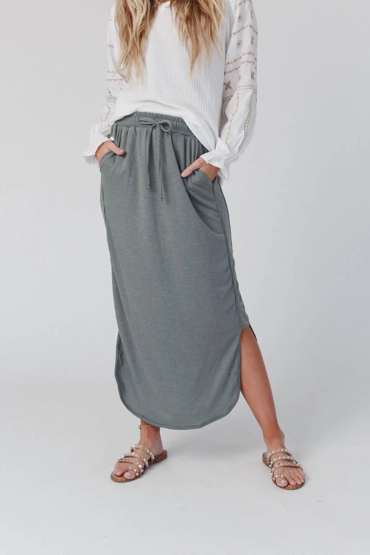 The Nest So Comfy Drawstring Maxi Skirt - Light Olive