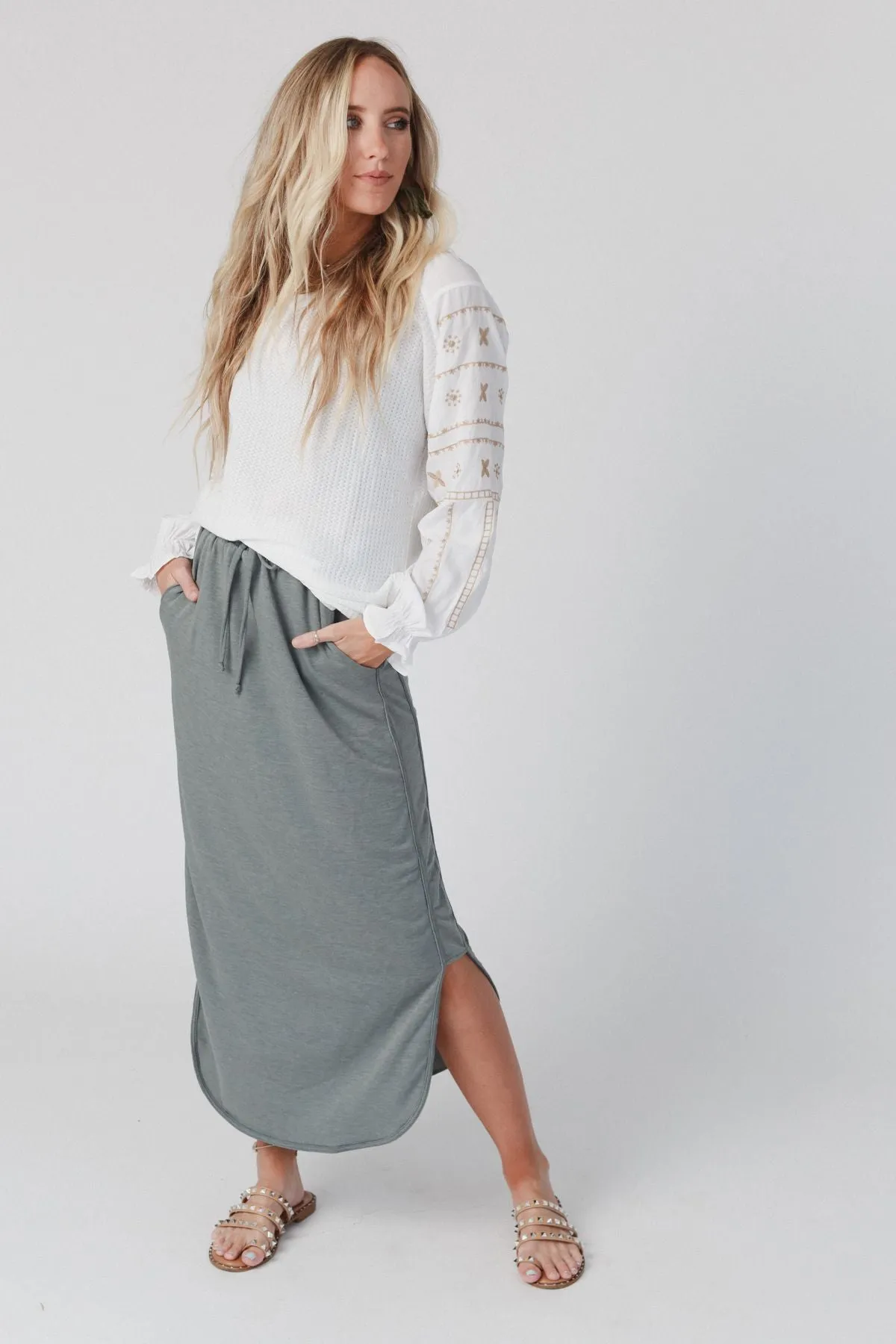 The Nest So Comfy Drawstring Maxi Skirt - Light Olive