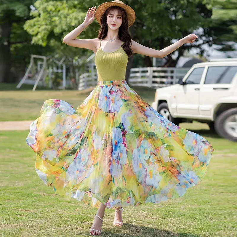 Toleet-TingYiLi Floral Chiffon Long Maxi Skirts Womens Summer Holiday Bohemian Beach Skirt Korean Style High Waist Elegant Swing Skirt