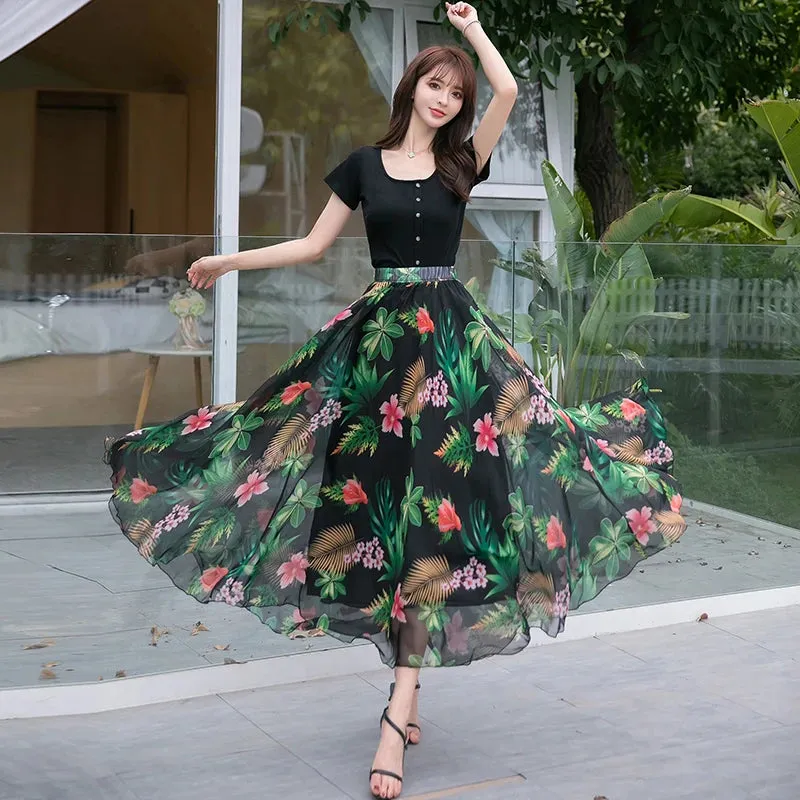 Toleet-TingYiLi Floral Chiffon Long Maxi Skirts Womens Summer Holiday Bohemian Beach Skirt Korean Style High Waist Elegant Swing Skirt