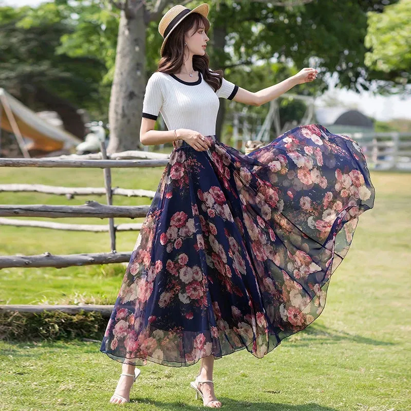 Toleet-TingYiLi Floral Chiffon Long Maxi Skirts Womens Summer Holiday Bohemian Beach Skirt Korean Style High Waist Elegant Swing Skirt