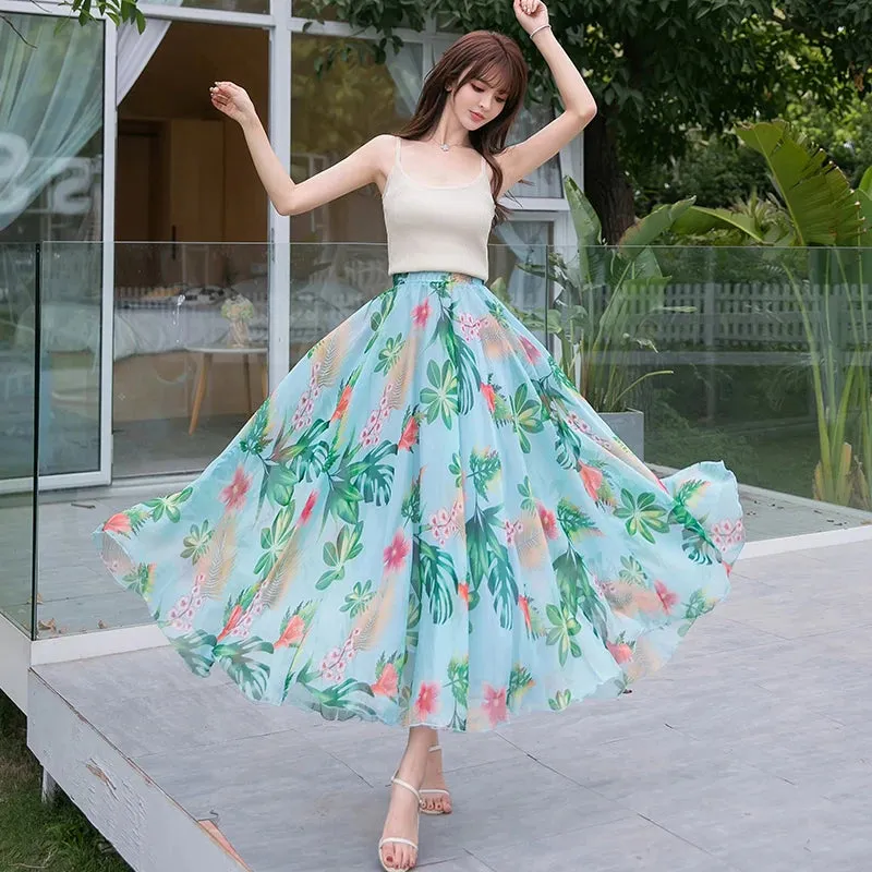 Toleet-TingYiLi Floral Chiffon Long Maxi Skirts Womens Summer Holiday Bohemian Beach Skirt Korean Style High Waist Elegant Swing Skirt