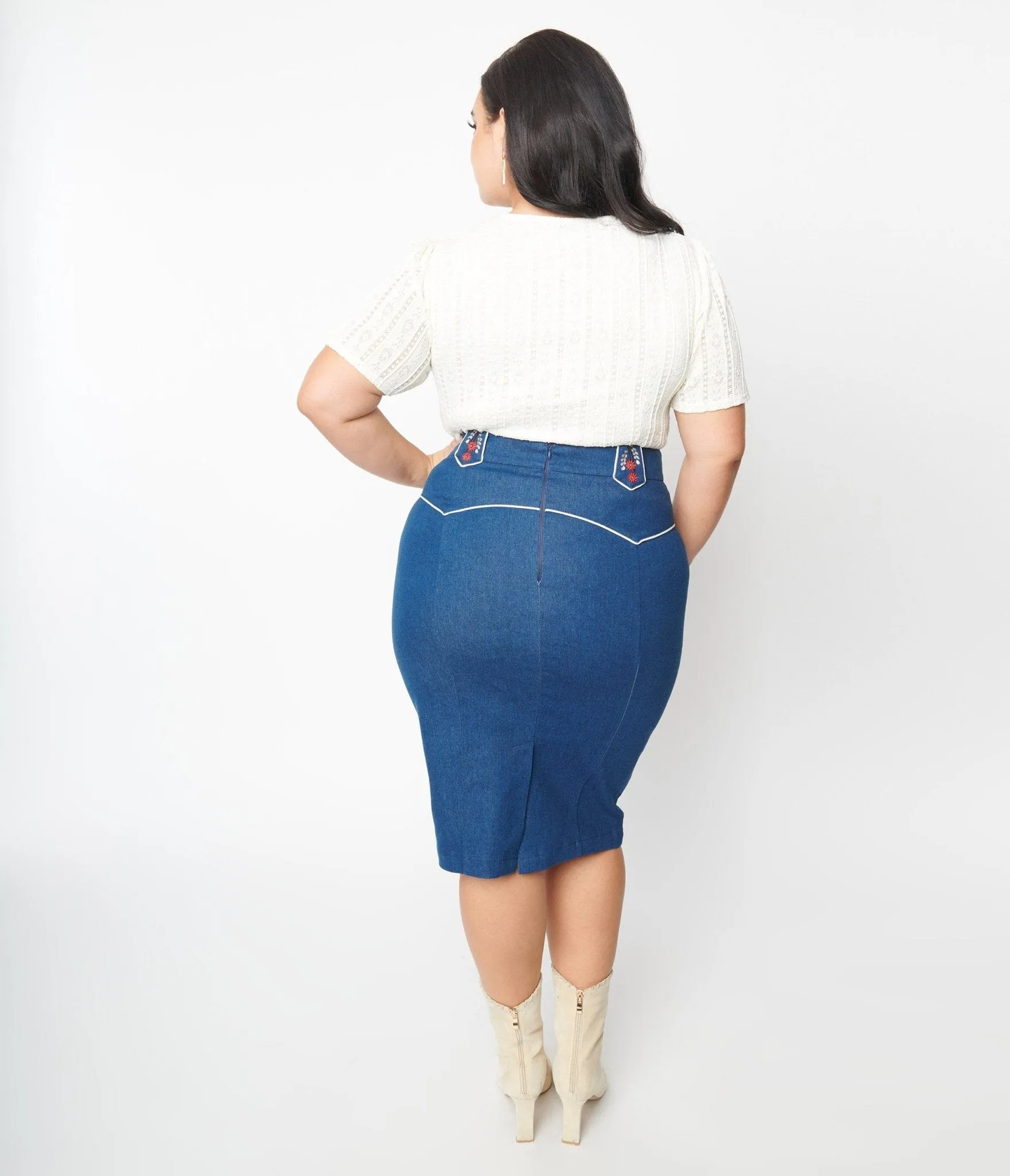 Unique Vintage Plus Size Blue Denim Western Embroidered Wiggle Skirt