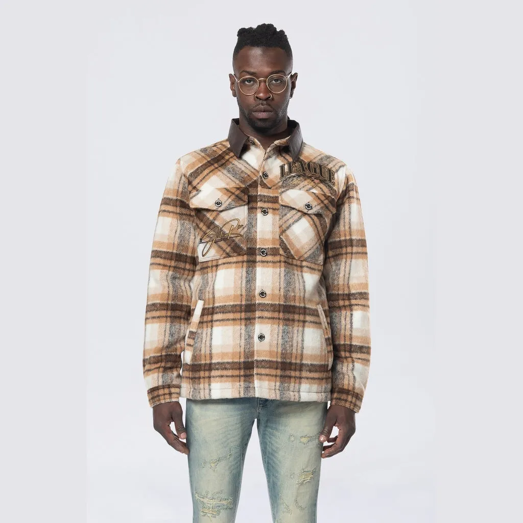 Vegan Leather Collar Plaid Shacket - Maple