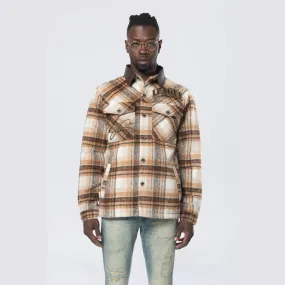 Vegan Leather Collar Plaid Shacket - Maple