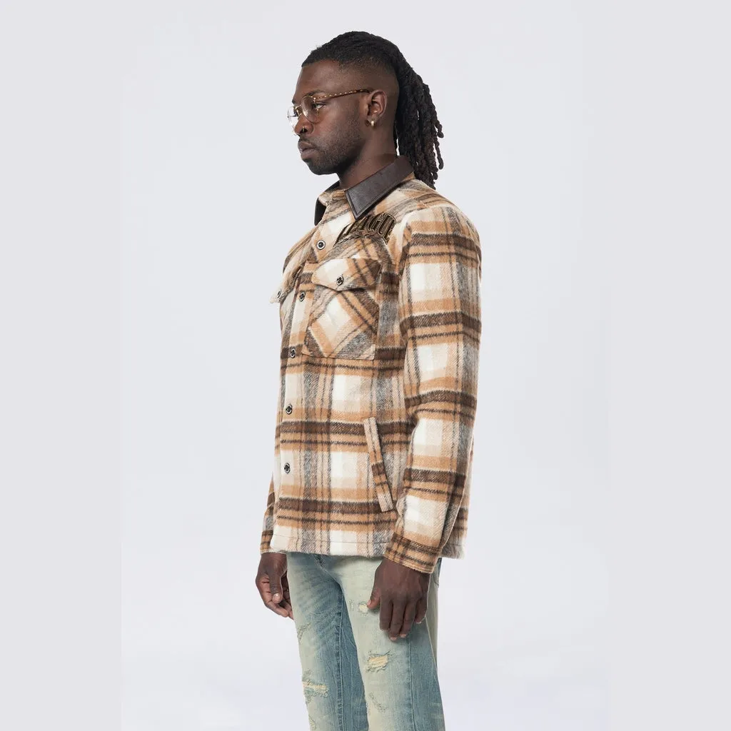 Vegan Leather Collar Plaid Shacket - Maple