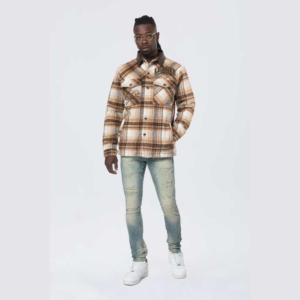 Vegan Leather Collar Plaid Shacket - Maple