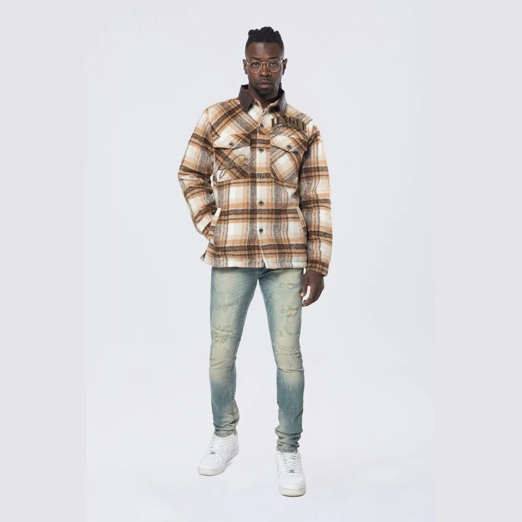 Vegan Leather Collar Plaid Shacket - Maple