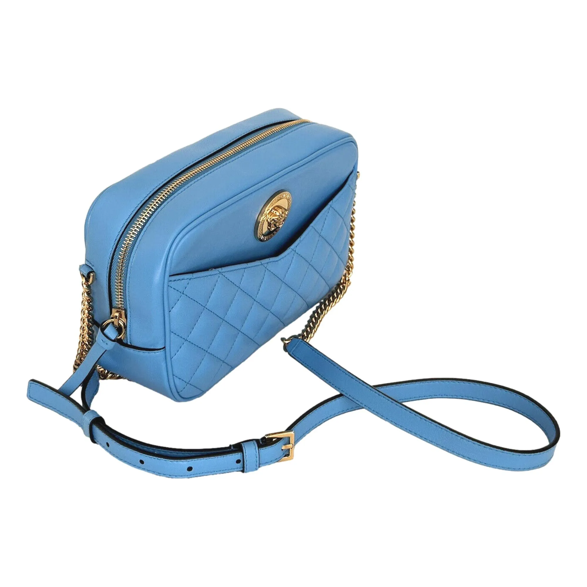 Versace La Medusa Blue Quilted Lamb Leather Medium Crossbody Bag