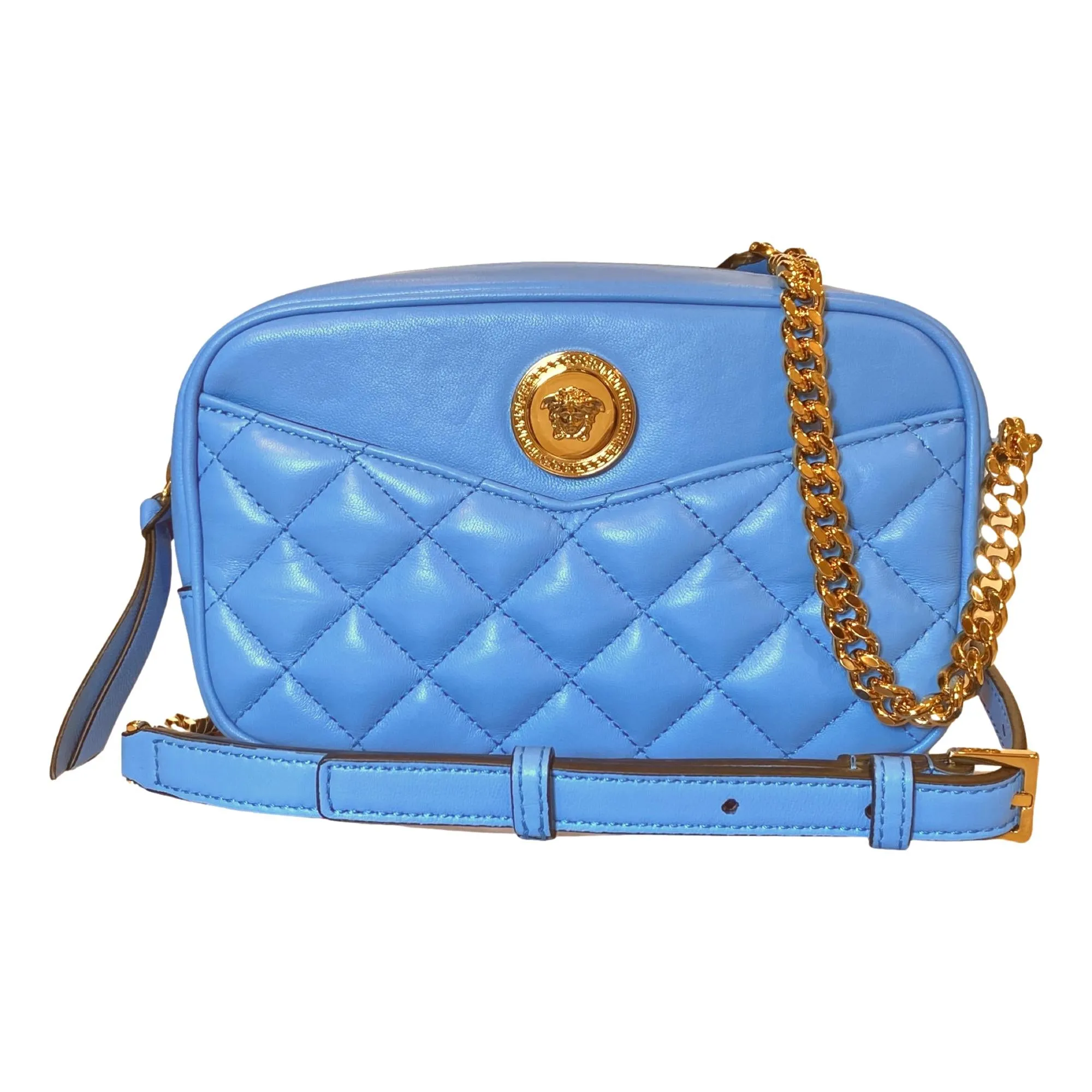 Versace La Medusa Blue Quilted Small Camera Crossbody Bag