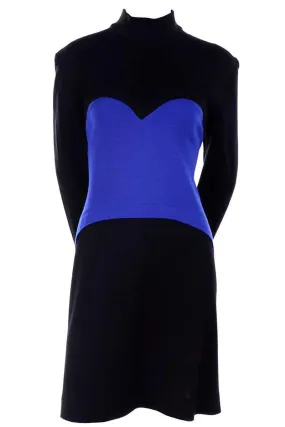 Vintage Patrick Kelly 1988 Blue and Black Sweetheart Knit Dress