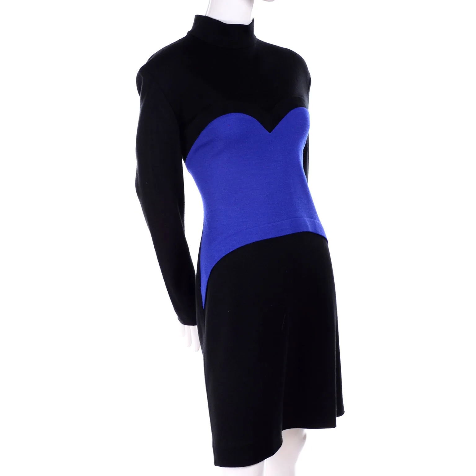 Vintage Patrick Kelly 1988 Blue and Black Sweetheart Knit Dress