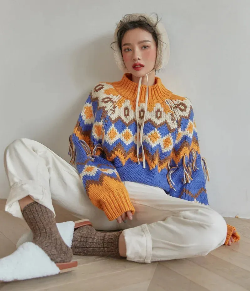 Wenkouban-Christmas Thanksgiving outfits_Vintage Warm Jacquard Knit Boho Tassel Christmas Christmas Sweater