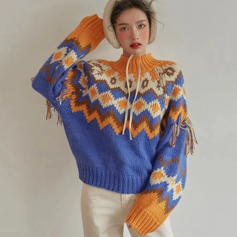 Wenkouban-Christmas Thanksgiving outfits_Vintage Warm Jacquard Knit Boho Tassel Christmas Christmas Sweater