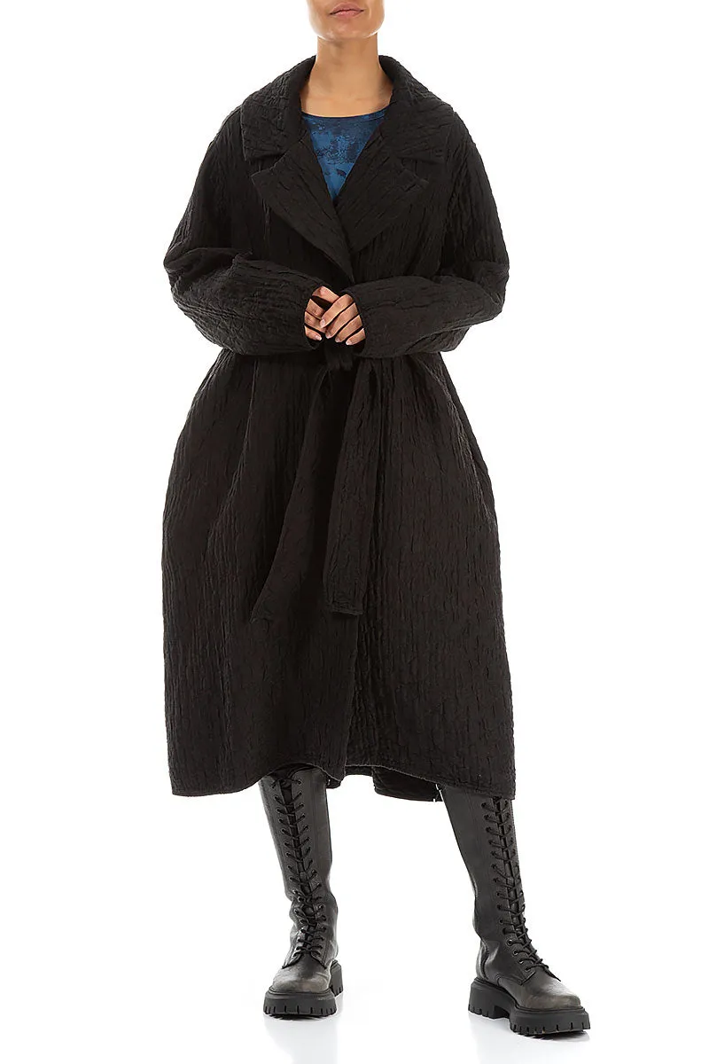 Wide Collar Black Quilted Silk Coat