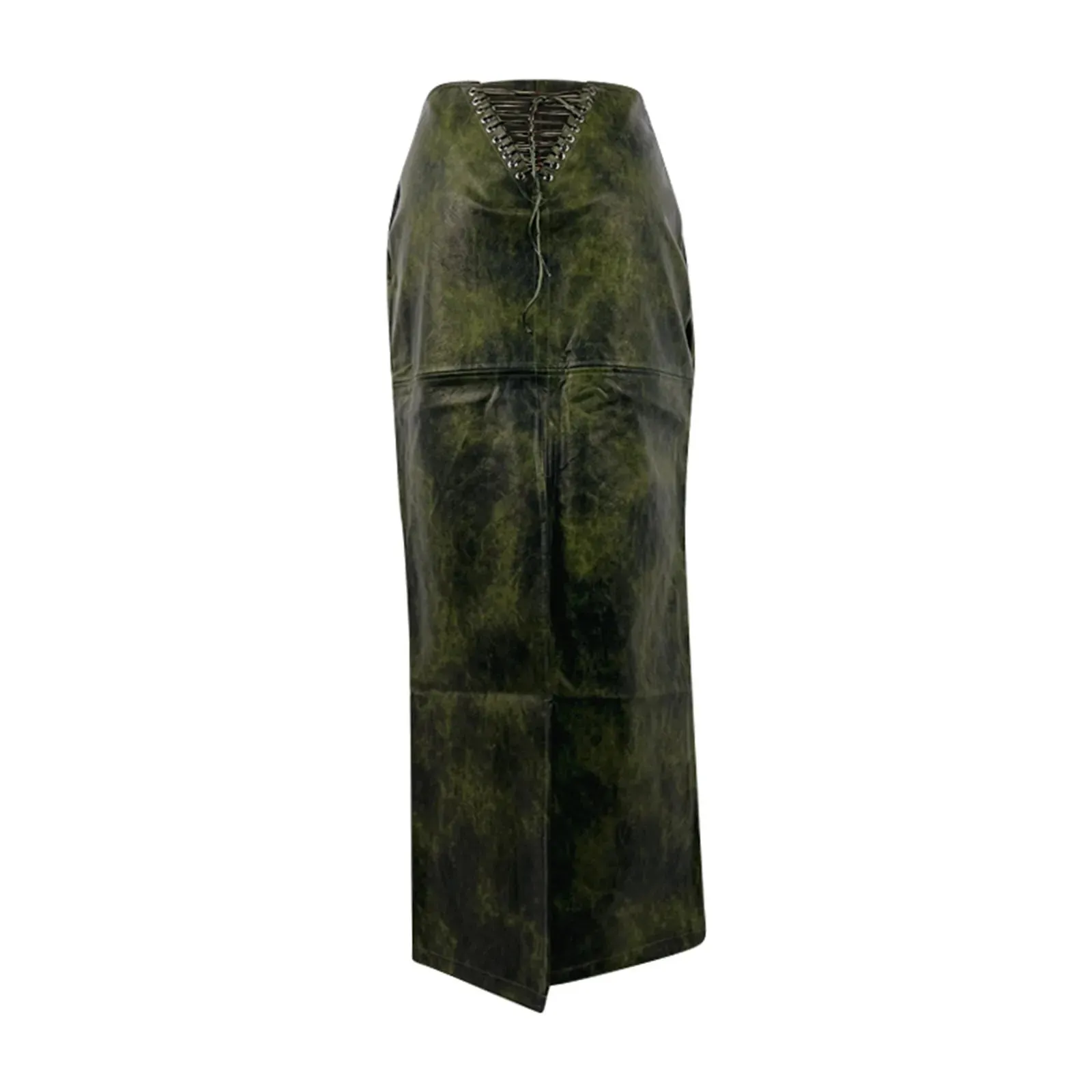 Wjczt Sexy Green Faux Leather Skirt Women Back Lace Up Hollow Out Split Retro Long Skirt Floor Length Slim Tie Dye Hip Wrapped Skirt