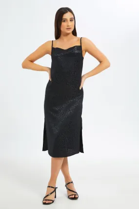 Women Black Jacquard Satin Slip Dress