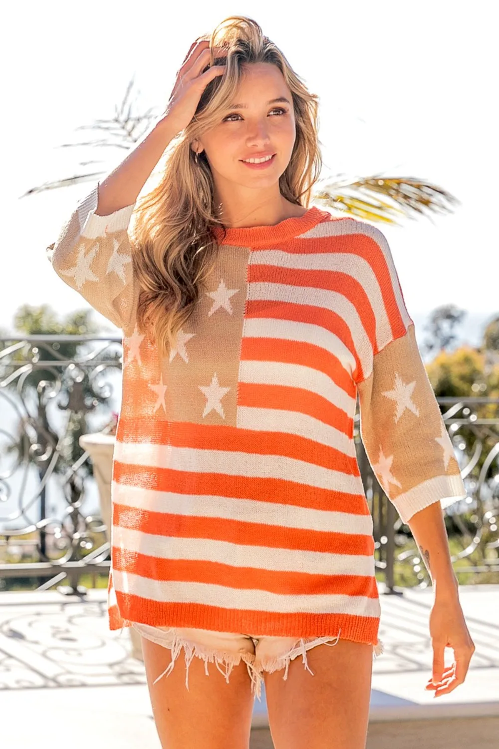 Women's BiBi American Flag Round Neck Knit Top